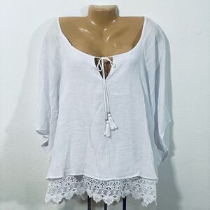 NWT Gorgeous Unique Spectrum 3X White 3/4 Bell Sleeve Crochet Flowy Peasant Top